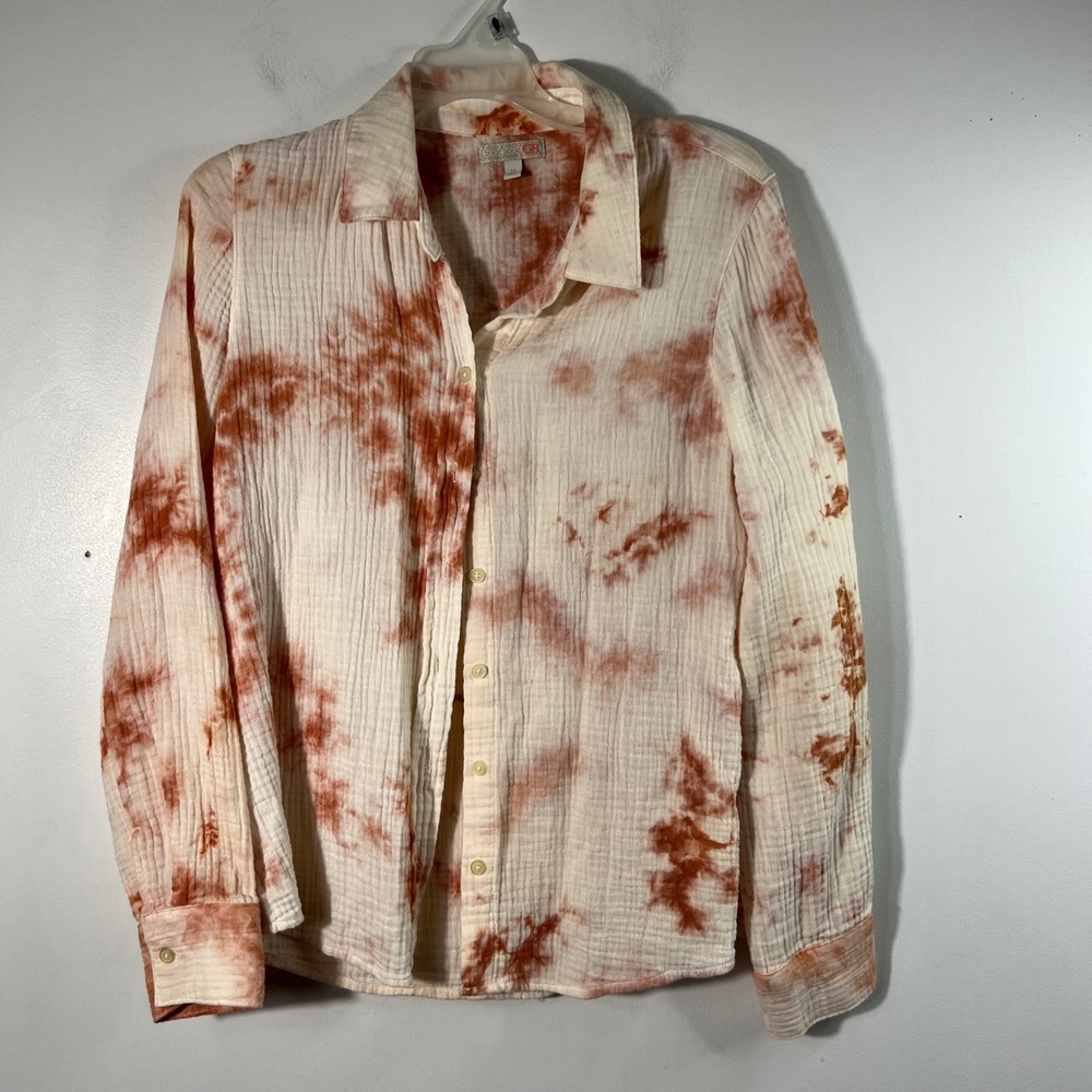 Gianni Bini Tie Dyed Waffle‎ Weave Cotton Button Shirt M Cream Orange